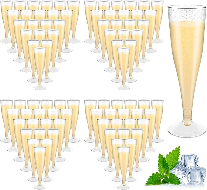AKOLAFE 100 Piezas Copas Plástico Duro, Copas de Plástico para Champan 4, 5 oz, Flautas con Purpurina Plateada y Base Desmontable para Cava, Bodas y Fiestas — Vino y mesa festiva