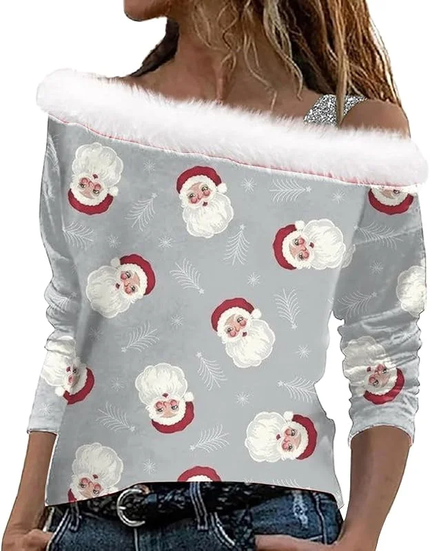Generisch Jersey de Navidad para mujer con estampado festivo, hombros descubiertos, camiseta de tirantes de manga larga, camiseta de tirantes para ocasiones festivas, sudadera de Navidad adecuada para mujeres — Ropa Navidad