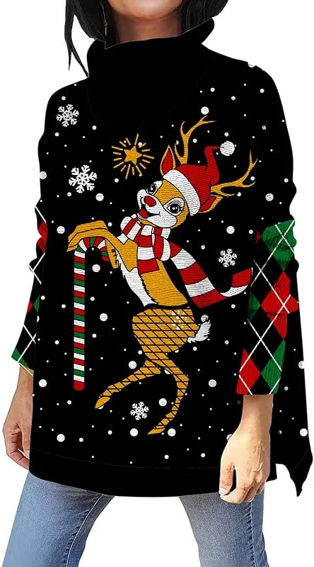 Kids4ever Jersey navideño de Cuello Alto para Mujer Jersey de Punto navideño con Estampado 3D Jersey de Punto Suelto con Abertura Lateral de Manga Larga para Fiesta Diaria S-XL — Ropa Navidad