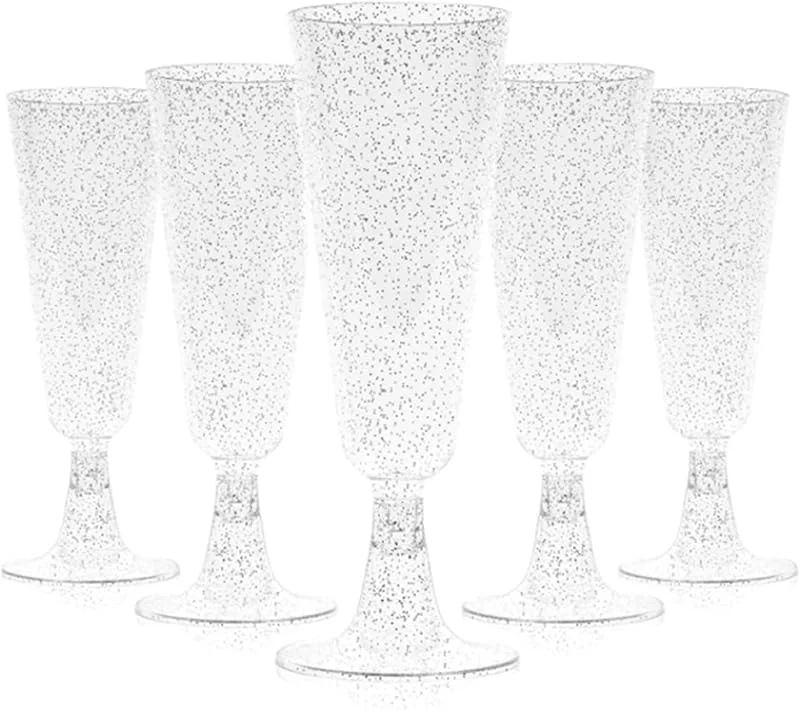 TSLBW 20 copas de champán transparentes de 5 onzas, copas de champán de plástico con purpurina, reutilizables, copas de vino de cristal, cumpleaños, fiesta de aniversario (plata A) — Vino y mesa festiva