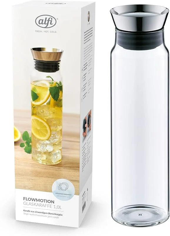 Visita la tienda de Alfi alfi FLOWMOTION 1, 0l, Jarra de Agua de Vidrio de borosilicato, vertido automático, criba integrada, Tapa Desmontable, Apta para lavavajillas, Jarra de Vidrio, Ideal como Jarra de Agua — Vino y mesa festiva