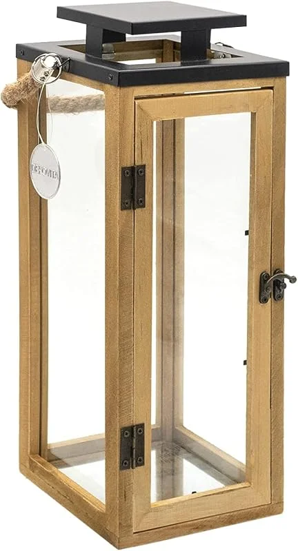 Dekovita 42cm Farol de Madera - Linterna de jardín con Paneles de Cristal y asa de Cuerda - Lámpara Deco — Cena a la luz de velas