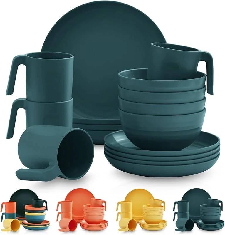 Kyraton Plastic Vajilla Set de 16 piezas, irrompible y reutilizable Platos ligeros Tazas Cuencos Platos Fácil de llevar y limpiar Microondas Seguro BPA Libre Lavavajillas Servicio seguro para 4 — Adviento y mesa