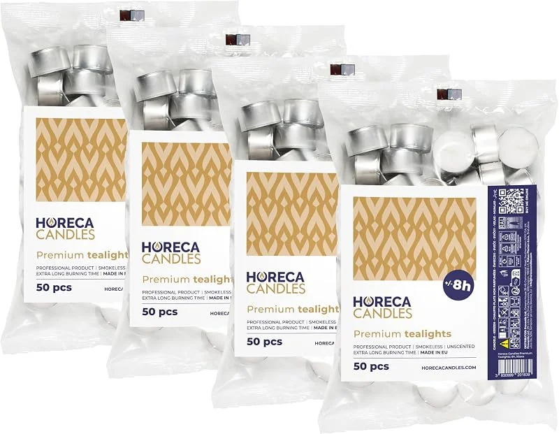 Horeca Candles - Velas de té - Premium combustión: +8 horas - Blanco - 200 unidades - Funda de aluminio - Candelitas para celebraciones, decoración, bodas, gastro, fiestas - Sin perfume — Cena a la luz de velas