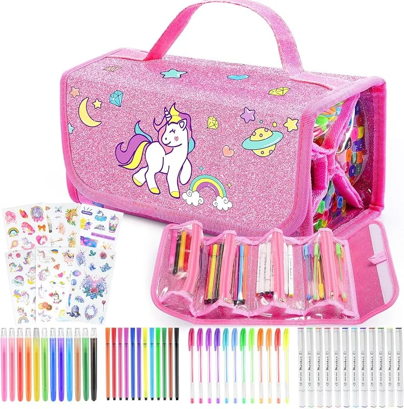 HappyGoLucky Maletin Pinturas para Niños Acuarelas Marcadores, Regalo Niña 3-10 años - Estuche para Niñas con 48 Pinceles y Pegatinas - Impermeable y Fácil de Limpiar - Regalos Navidad (Rosa) — Envoltorio regalo
