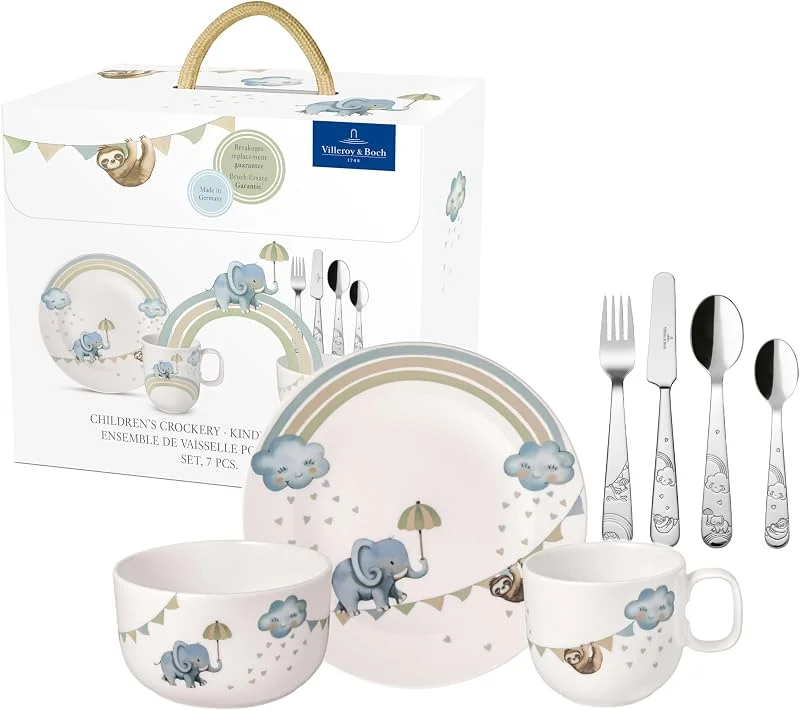 Villeroy & Boch - Walk like an Elephant Set de Vajilla Infantil 7 Piezas Azul, Apto para Lavavajillas, Apto para Microondas, Cubiertos Infantiles, Cubiertos para Niños, Plato, Porcelana Premium — Adviento y mesa