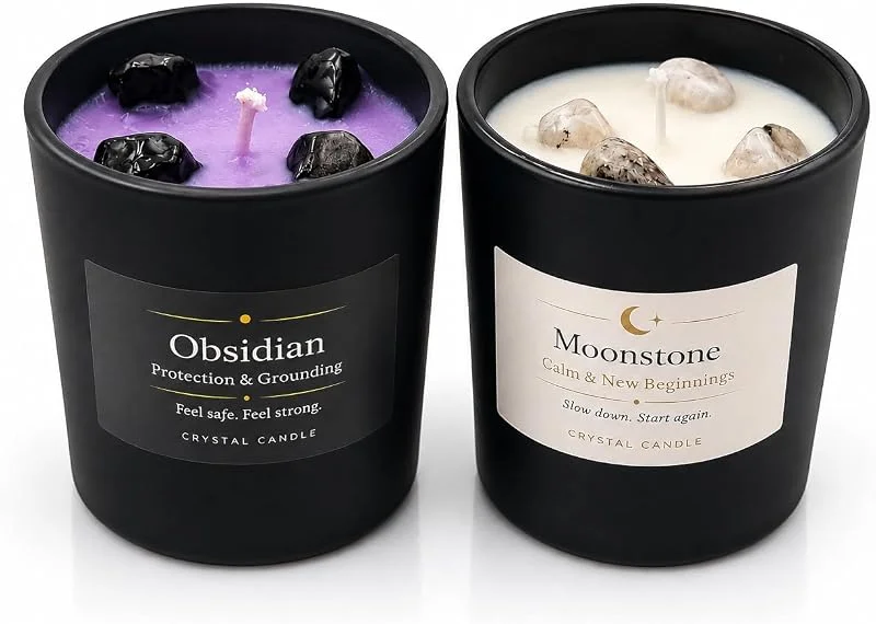 Pandiui23 2 Velas Aromática de Soja con Piedra Luna y Obsidiana Natural – Velas Perfumadas de Jazmín y Lavanda – Vela Decorativa para Relax, Meditación y Regalo Original — Cena a la luz de velas
