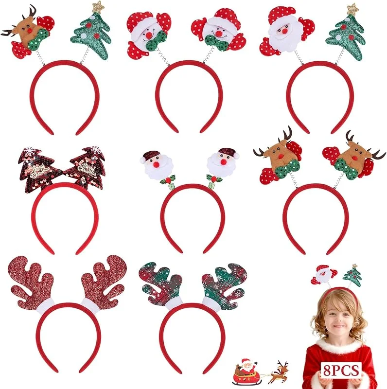 Tismels 8 Piezas Diadema de Navidad, Diadema Navideñas de Reno, Árbol de Navidad, Santa Claus y Muñeco de Nieve, Accesorios Navidad para Niños y Adultos, Fiesta — Ropa Navidad