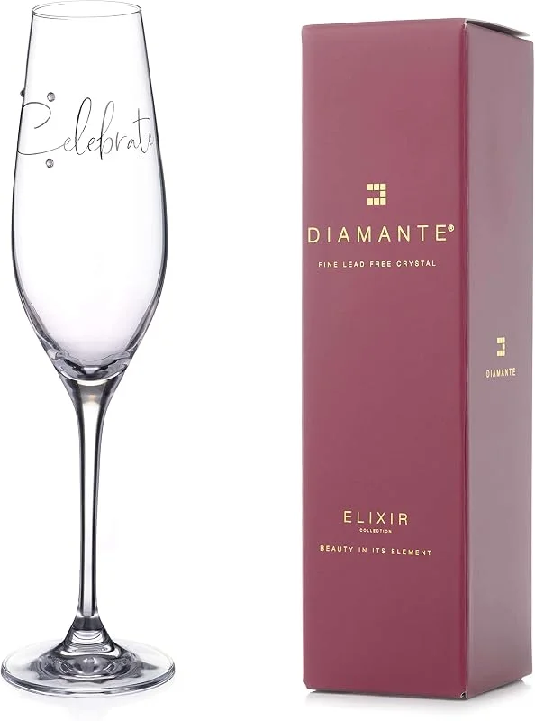 DIAMANTE Copa de champán Swarovski Prosecco con eslogan "Celebrate", adornada con cristales de Swarovski, flauta individual en caja de regalo — Vino y mesa festiva