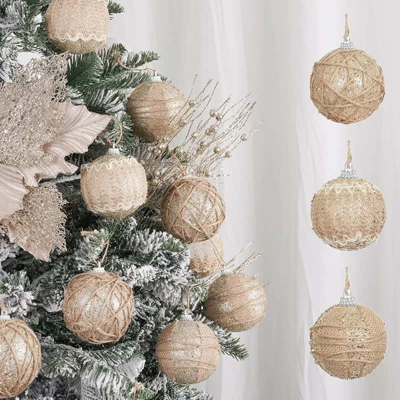 XmasExp Juego de Adornos de Bolas de Navidad para Granja, 70 mm, inastillables, rústicas, decoración Colgante para árbol de Navidad (12 Unidades, Beige y champán) — Decoracion Navidad