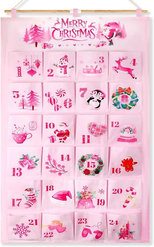 HOWAF Calendario Adviento 2026 Mujer Niñas, Calendario de Adviento Tela para Rellenar con 24 Bolsillos 15x15cm para Decoracion Navidad Rosa, Decoración Navideña, E — Adviento y mesa