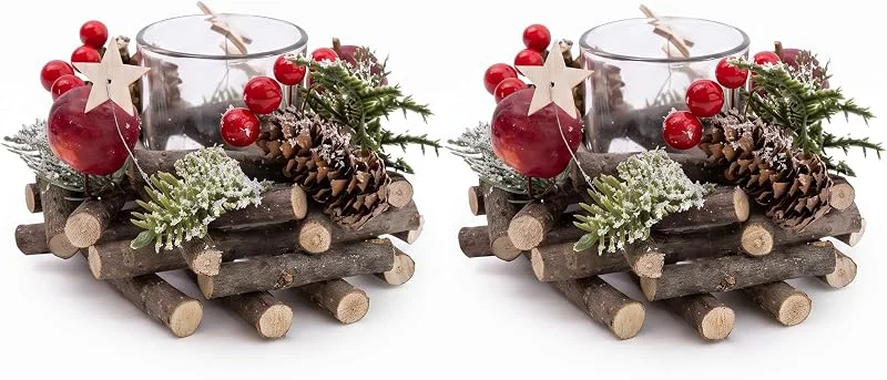 Hahorpa 2 Piezas Anillo de Vela Navideño, Porta Velas Decorativas con Bayas & Piñas — Decoracion Navidad