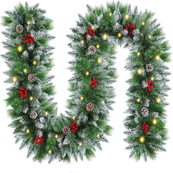 FGHB 2.7M, 9FT Guirnalda Navidad, Guirnaldas Navideñas con Luces, y 220 Puntas de Ramas, con 30 LED Luces, para Escaleras, Chimenea, Puerta, Interior, Exterior Decoracion Navidad