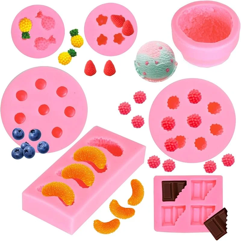 TYSM-CC Kit Completo de 7 Moldes de Silicona para Hacer Velas Caseras, Gelatina, Chocolate, Jabón y Fondant - Incluye Formas de Fruta Fresca, Bola de Hielo y Diseños Creativos para Proyectos DIY — Hogar y cocina