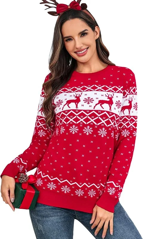 Visita la tienda de Aottori Aottori Jersey Navidad Mujer Manga Larga Cuello Redondo Reno y Nieve Cálido — Ropa Navidad