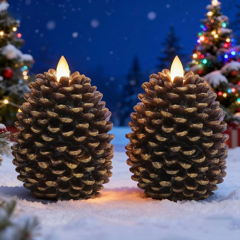 Eldnacele - Velas LED de piña en movimiento, funciona con pilas, velas sin llama, con temporizador, cera sin perfume, color marrón, 2 unidades para decoración de Navidad en el hogar o fiesta — Cena a la luz de velas