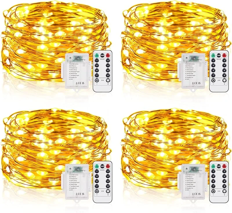 Visita la tienda de Vacoulery Guirnalda Luces Pilas, 4 Piezas 5M 50LED Luz de Cadena con Mando Timer, Alimentadas por Batería, 8 Modos de Iluminación para Exteriores, Interiores, Navidad, Bodas, Jardín — Luces Navidad