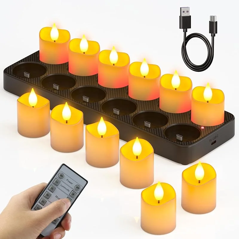 Visita la tienda de SoulBay SoulBay 12 Pezzi Velas LED Recargables USB C con Mando a Distancia, Velas LED Pequeñas Efecto llama con Piles Decorativas con Regulable Temporizador para Casa Hogar Mesa Halloween Navidad Decoración — Luces Navidad