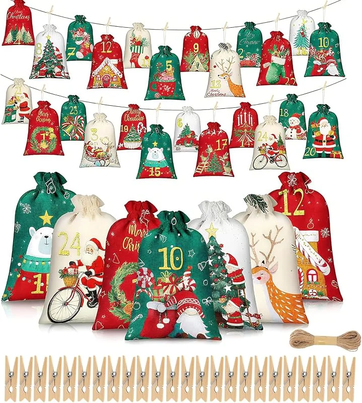 Beafaeur 24 PCS Calendario Adviento Para Rellenar, Mit Clips Cuerda de Cáñamo — Adviento y mesa