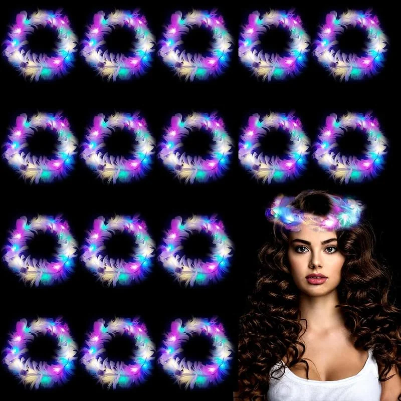 HuaMuDM 16 pcs Diademas Plumas LED Iluminadas, Pluma LED Diadema Mujeres — Ropa Navidad