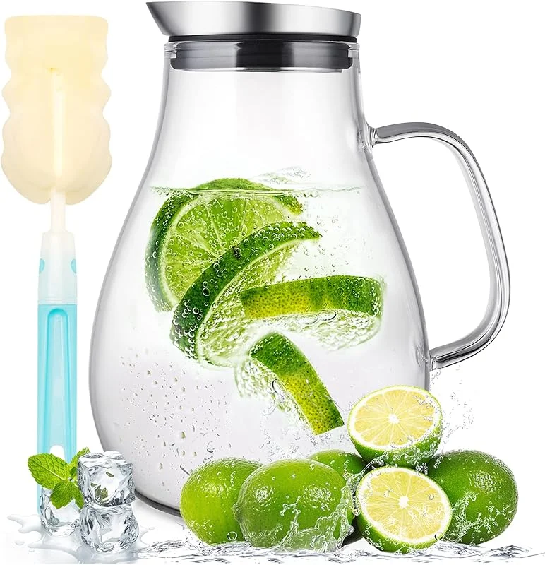 Susteas - Jarra de cristal de 2 litros con tapa y boquilla para beber, jarra de agua, jarra de té helado, para bebidas, casa, té helado, leche, café, vino — Vino y mesa festiva