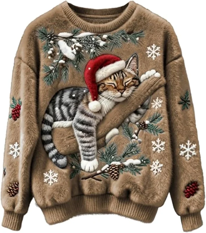 Genérico Suéter de Navidad para Mujer, Divertido y Lindo con Estampado de Gato y Perro, Sudadera de Franela de Forro Polar de Gran tamaño, suéter Acogedor para Vacaciones Comodidad — Ropa Navidad