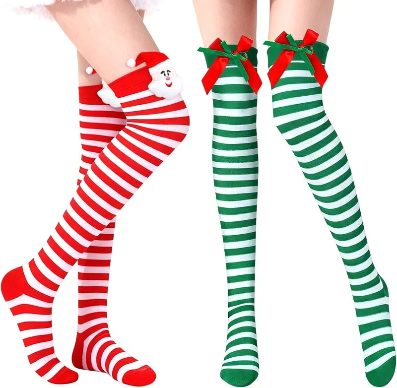 GTYARYUA Navidad Largas Medias, 2 PCS Calcetines Largos Mujer, Calcetines Hasta la Rodilla de Navidad con Lazo y Papá Noel, Rojo y Verde Calcetines Largos Navideño, para Temática Navideña de Invierno — Ropa Navidad