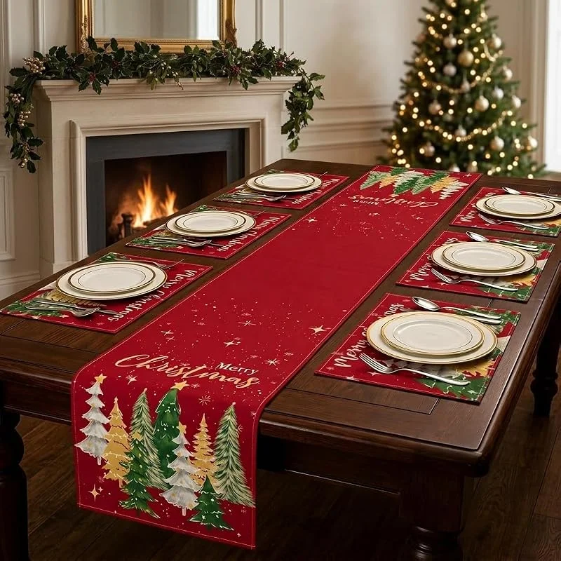 InteDesign Camino de mesa navideño, 33 x 183 cm, 6 manteles individuales de 30 x 45 cm, conjunto de lino de aspecto rojo con diseño de árbol de Navidad, protección de mesa lavable para comidas de fiesta, cocina — Hogar y cocina