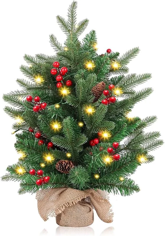 FGHB Arbol de Navidad, Arbol de Navidad Artificial de 50 cm, árbol de Navidad con iluminación con Luces led de 2 m, Base de Cemento, 75 Puntas de Rama, arbol de Navidad pequeño — Decoracion Navidad
