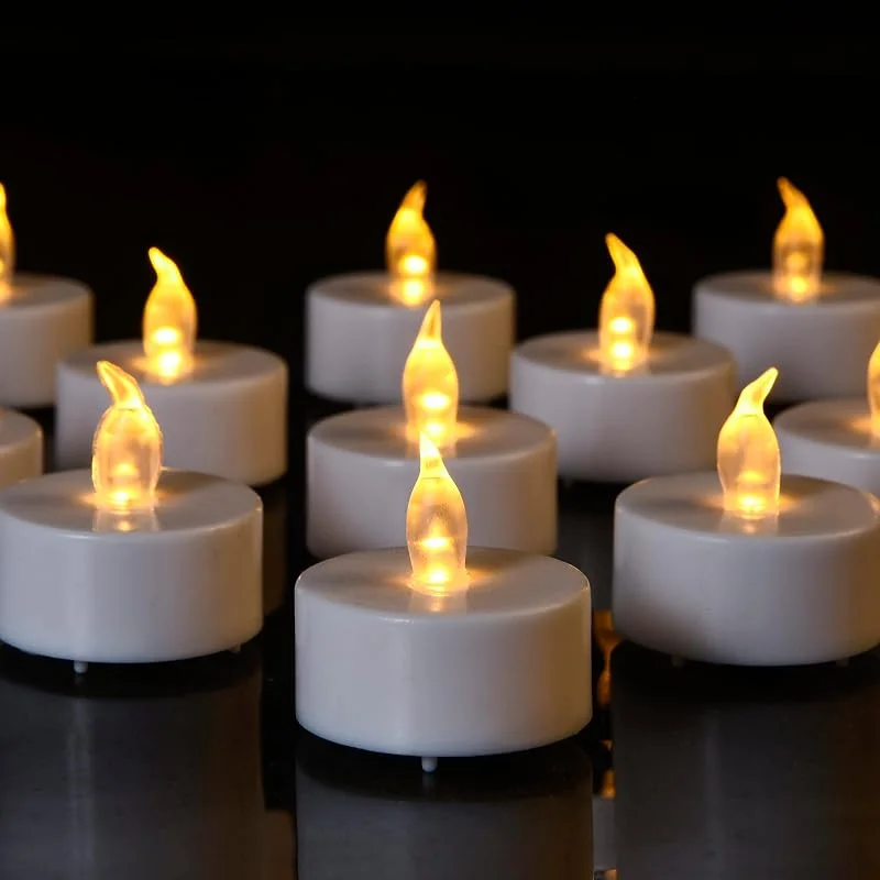 HANZIM 50 unidades LED Velas CR2032 pilas velas sin llama, Velas de té, Velas LED, Velas parpadeantes sin Llama, Velas Artificiales realistas a Pilas con luz Amarilla cálida (50 PACK) — Cena a la luz de velas