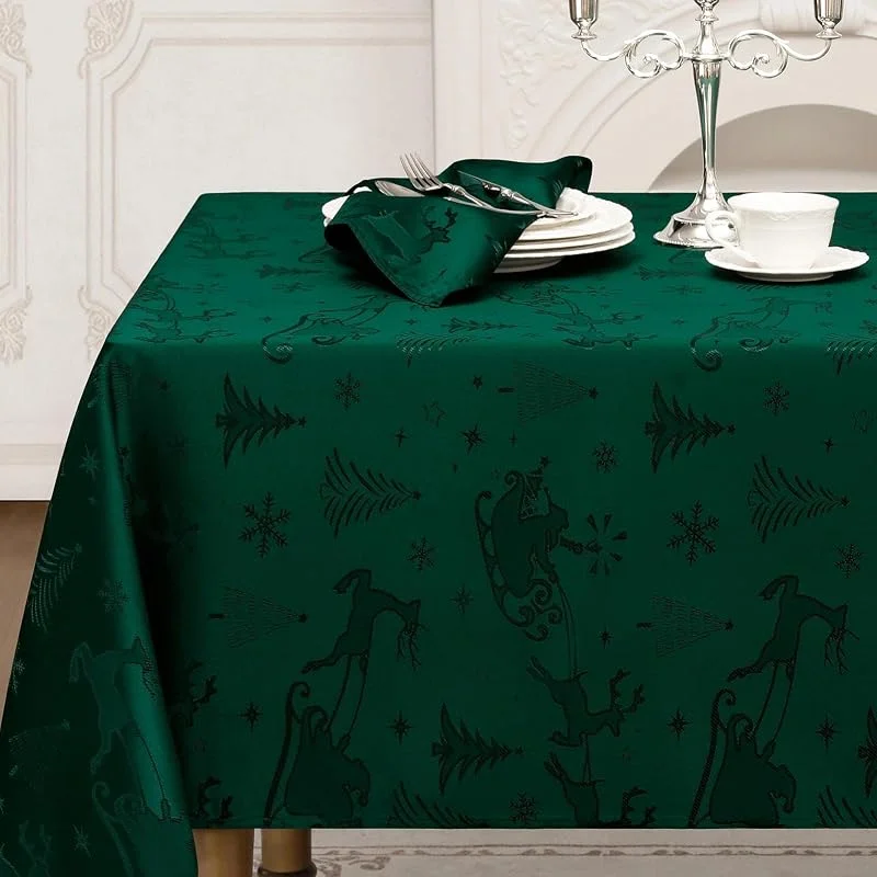 Romanstile Mantel de Navidad, 140 x 240 cm, verde, lavable e impermeable, diseño de renos y árbol de Navidad, rectangular, mantel para vacaciones, decoración navideña — Hogar y cocina