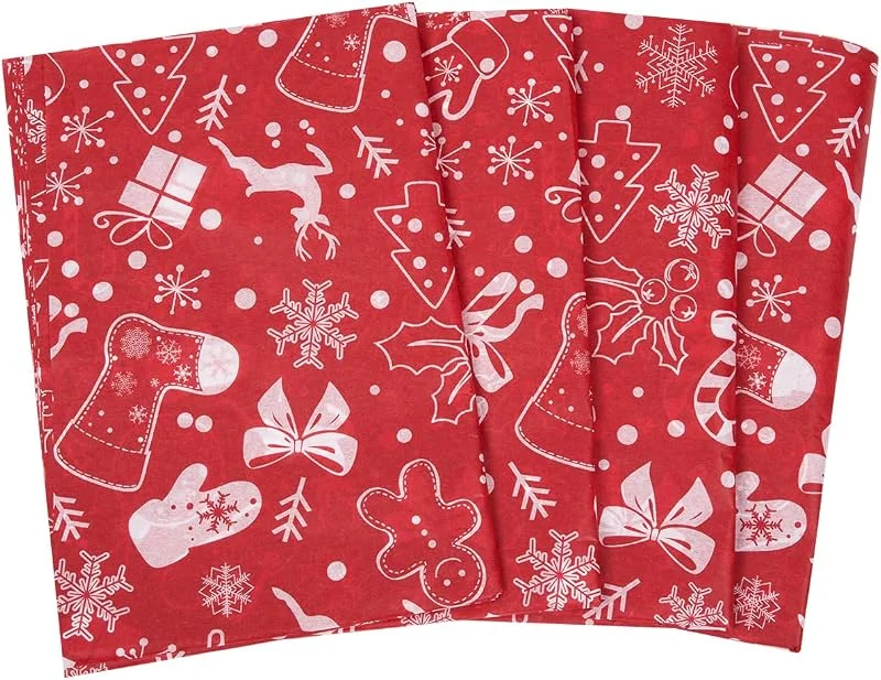 BIULDPY Papel de seda navideño: 50 hojas de papel de seda rojo con diseño festivo de 20 x 14 pulgadas para manualidades navideñas. — Envoltorio regalo