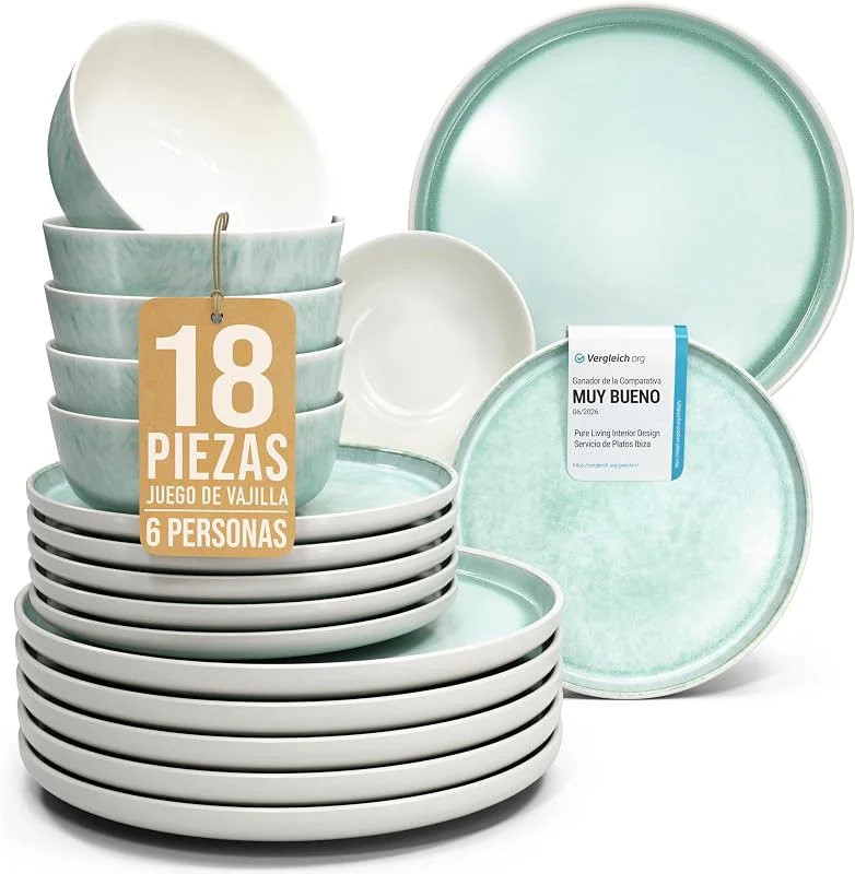 Visita la tienda de PURE LIVING INTERIOR DESIGN Vajilla Ibiza para 6 personas, 18 piezas - Gres premium, resistente a los arañazos, apto para lavavajillas y microondas - Juego de cuencos y platos de Pure Living en Turquesa — Adviento y mesa