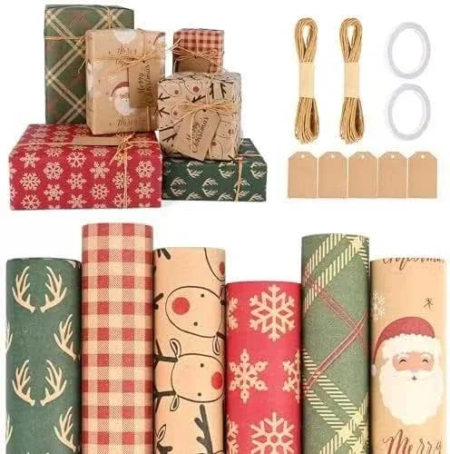 DWDHYEAN Navidad Papel Kraft de Regalo 6 Rollos 43cm x 3m Envolver Bobina Retro Papel de Kraft Para Envolver De Set Regalo de Fiesta Navideña — Envoltorio regalo