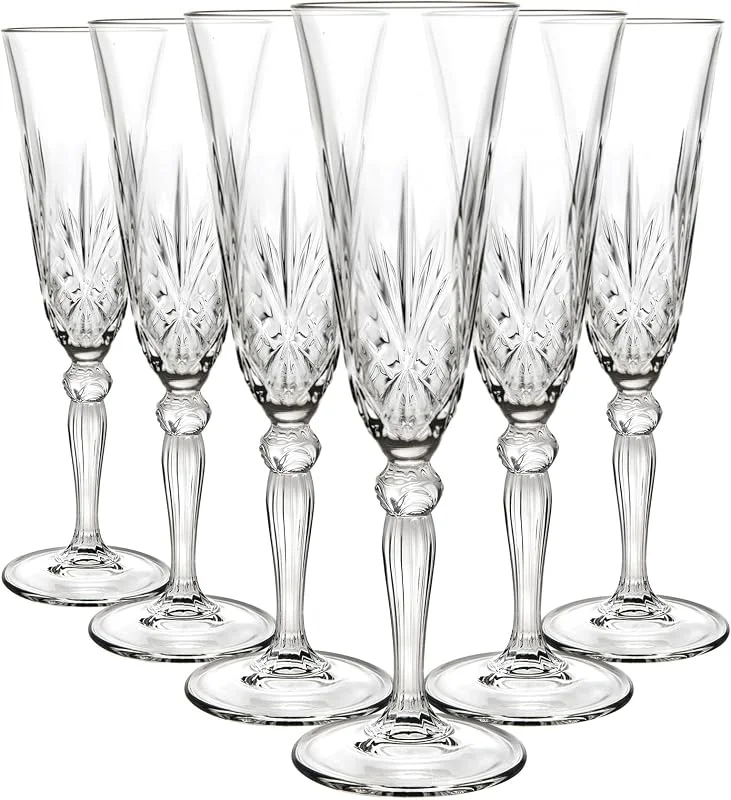 RCR Crystal 25600020006 Gafas de copas de champaña Melodia Crystal, 160 ml, juego de 6, perfectas para fiestas, recién casados y propietarios, caja fuerte para lavavajillas — Vino y mesa festiva
