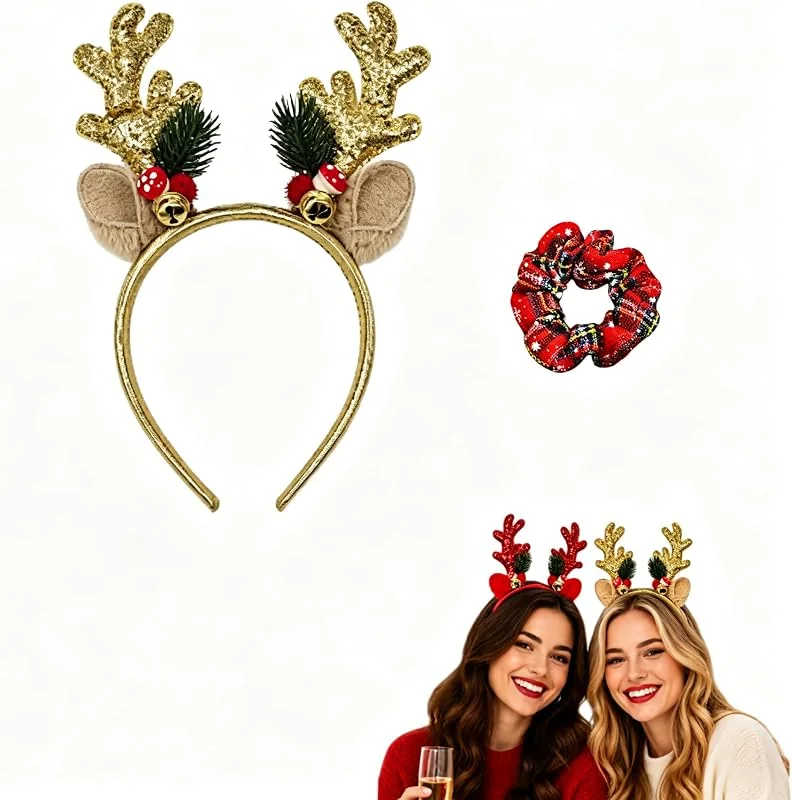 Dyiouxin Diadema de Navidad con purpurina en forma de madera de reno, con orejas para adultos, niños, color dorado — Ropa Navidad