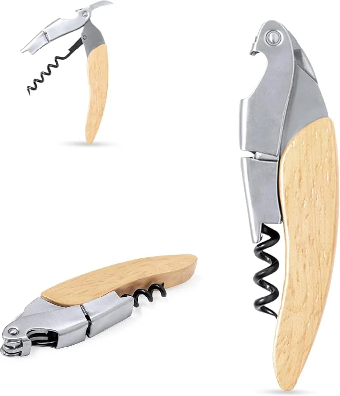 KALENDIA Sacacorchos Profesional Robusto Elegante de Acero Inoxidable con mango de Madera de Iroko - Abridor de vino – Saca Corchos Camareros – Sacacorchos Manual — Vino y mesa festiva