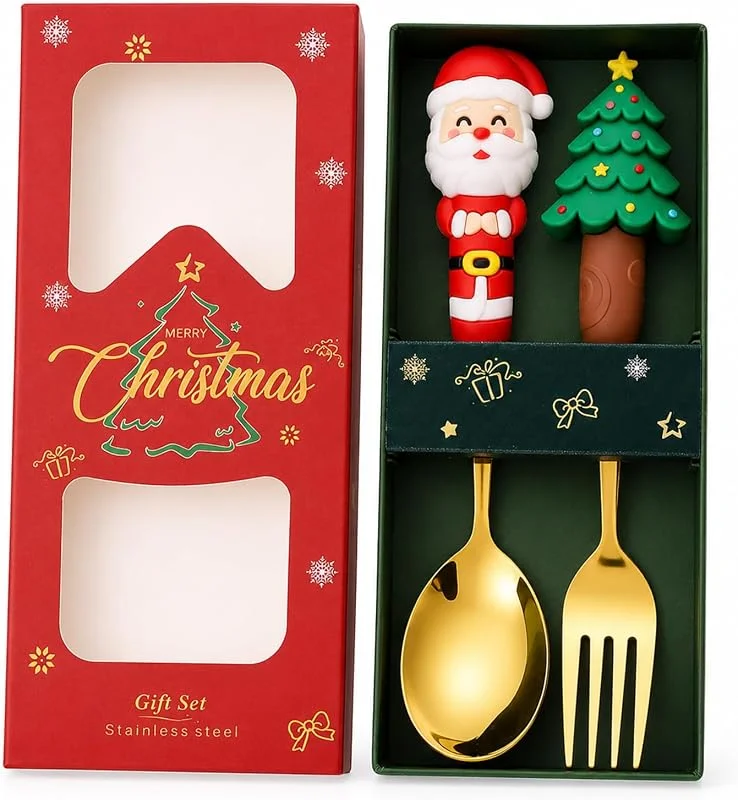 Yahusuhil 2 Piezas Set Vajilla Navidad, Cubiertos Navidad, Cuchara Tenedor — Adviento y mesa