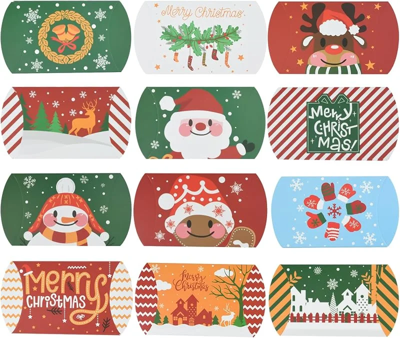 TAIYOU Caja de regalo Navideña, 48 unidades, tamaño pequeño, forma de caramelo, papel de estraza, 12 diseños — Envoltorio regalo