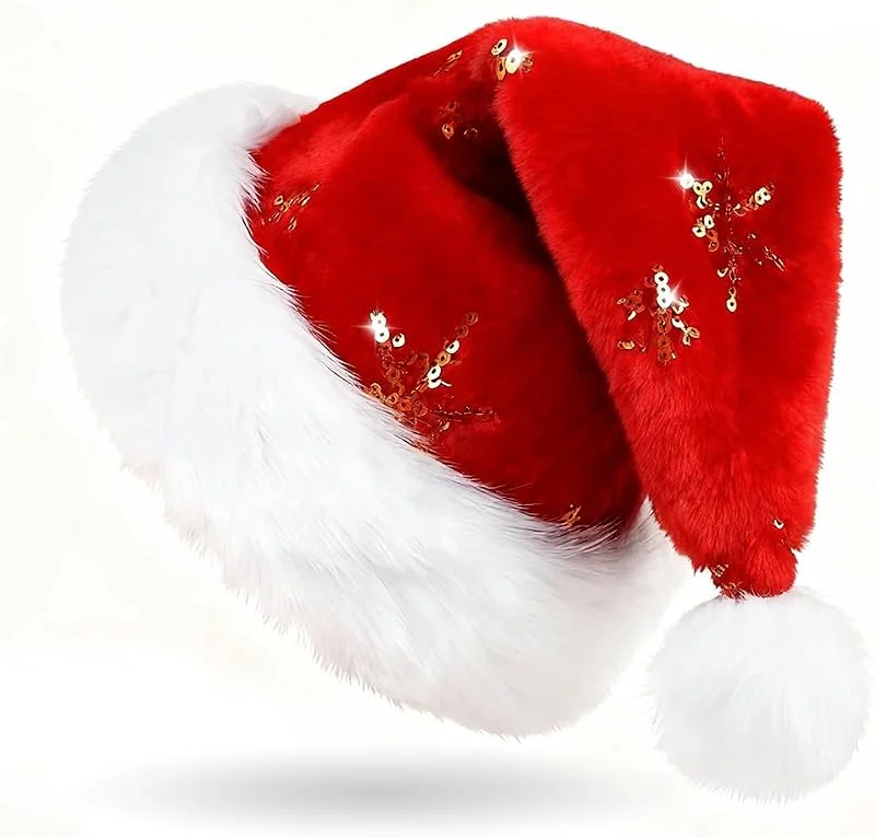 Montrestar Gorro de Navidad para adultos, gorro de Papá Noel de peluche con lentejuelas, gorro de Papá Noel, sombrero de Papá Noel, gorro de Navidad brillante para hombres y mujeres, gorro de Navidad con — Ropa Navidad