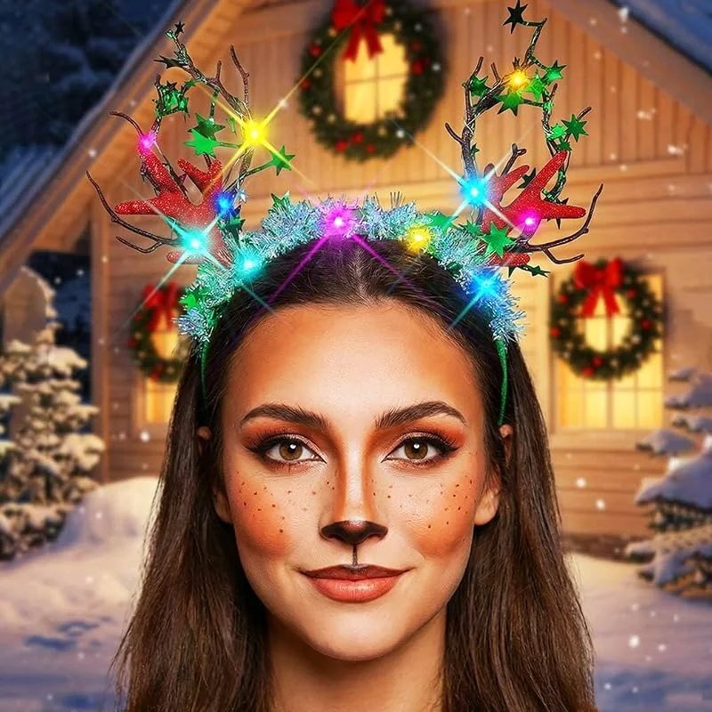 Visita la tienda de Zoestar Zoestar Diadema con luz LED de reno y cuernos de reno brillantes, aro para el pelo, accesorios para el cabello para mujer — Ropa Navidad