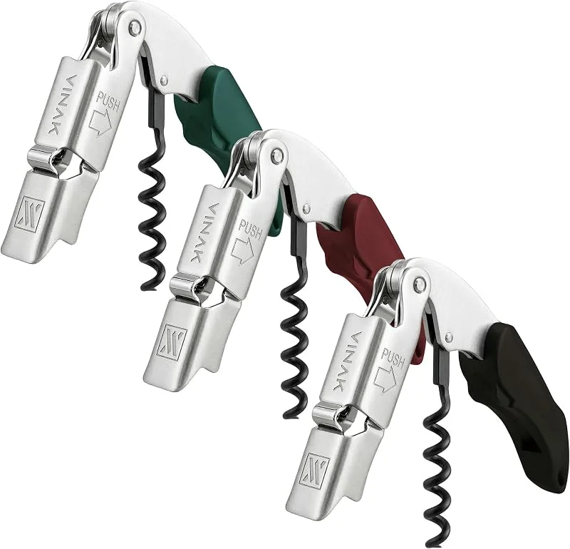 Visita la tienda de VINAK VINAK - Pack de 3 sacacorchos Camarero Profesional XPERT, Acero Inoxidable, Doble Apoyo Articulado, Abrebotellas y Navaja Cortacápsulas, Espiral Teflonada — Vino y mesa festiva