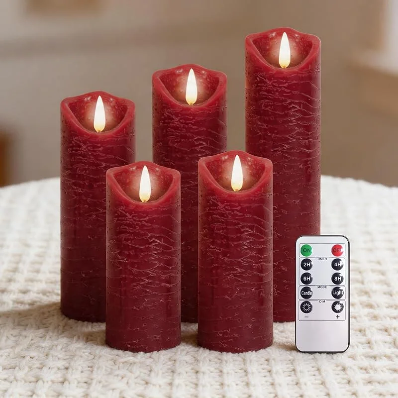 PinnWaa Velas LED de Pilar, 5 Piezas, Cera Real, Mando, Temporizador, Rojo — Luces Navidad