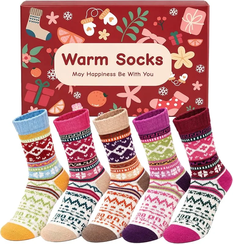 Visita la tienda de Miss Lulu Miss Lulu Calcetines Mujer, 5 Pares, Mezcla de Lana, Caja Regalo Navideña — Decoracion Navidad