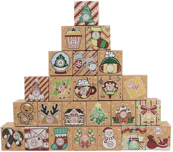 DAHI Calendario de Adviento para rellenar, 24 cajas de calendario de Adviento, hermosa bolsa de regalo, cajas con motivos navideños (Beige-E) — Adviento y mesa