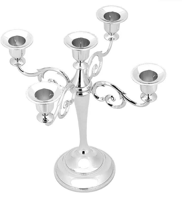 Gsycle Candelabro De Metal, Candelabro De 5 Brazos Candelabros Dorados Candelabro De 5 Brazos Candelabro Antiguo(Plata) — Cena a la luz de velas