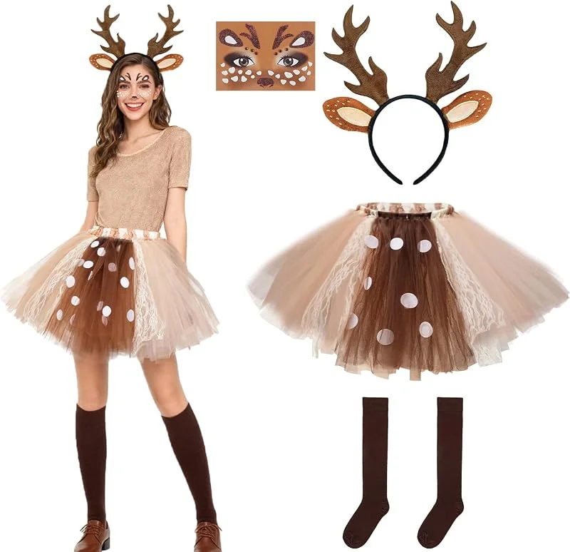Tobriavor Disfraz Reno Mujer, Diadema Cuernos de Reno Falda Tutú Disfraces Animal Disfraz Navidad Carnaval Fiesta Cosplay Adulto — Ropa Navidad
