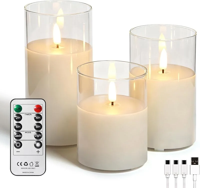 Visita la tienda de FREEPOWER FREEPOWER Juego de 3 velas LED de cristal blanco recargables con mando a distancia — Cena a la luz de velas