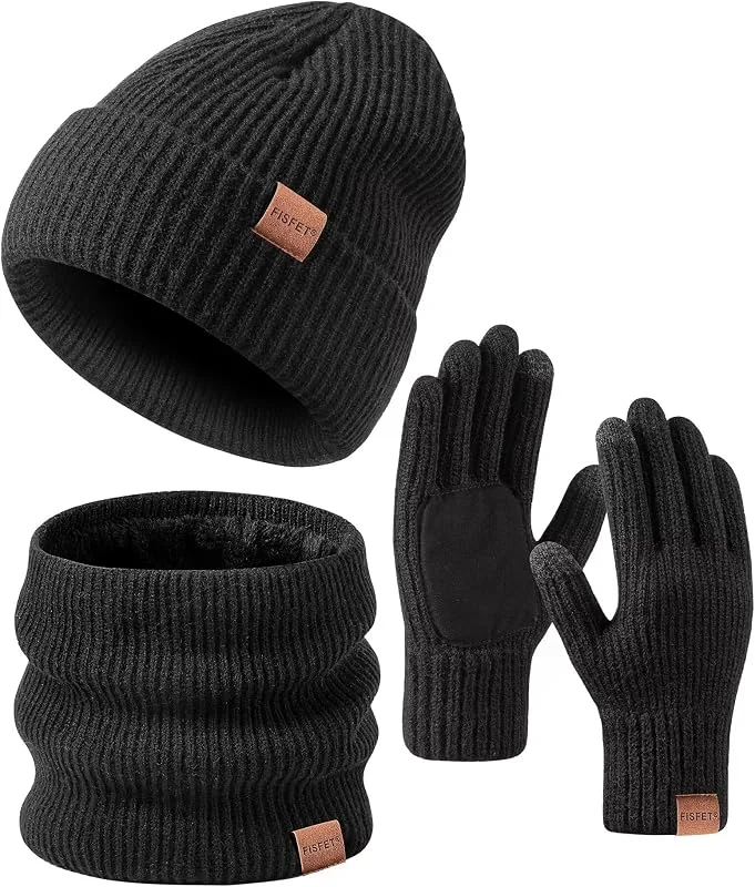 FISFET Juego de gorro, bufanda y guantes de invierno para hombre y mujer, forro de punto, guantes cálidos para pantalla táctil, gorro, calentador de cuello para clima frío, juego de regalo cálido de — Ropa Navidad