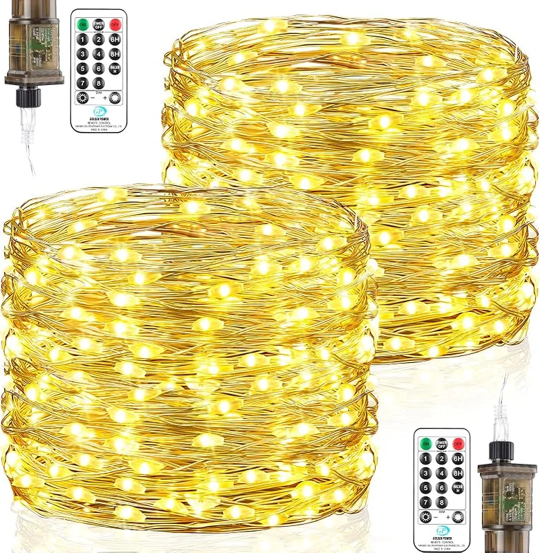 Forepin Guirnalda Luces Interior con Enchufe, 2 Piezas 23M 200 Led Luces de Hadas con Temporizador, Impermeable Luces de Navidad para Interior Exteriores Arbol de Navidad, Fiestas, Bodas, Blanco Cálido — Luces Navidad